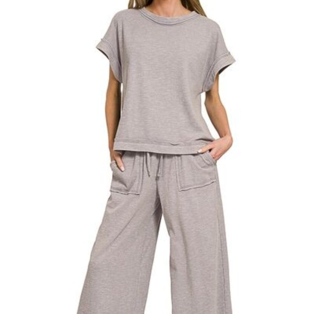 Zenana Washed Slub Short Sleeve Tee & Long Pants Set - Sleet - Picture 2 of 4